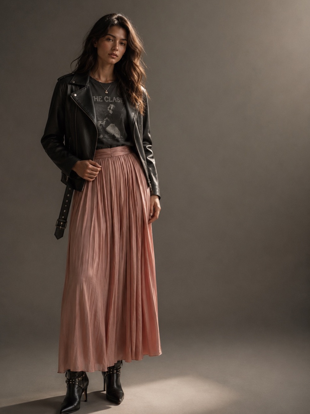 Point Sur Pleated Satin Midi Skirt Blush Pink